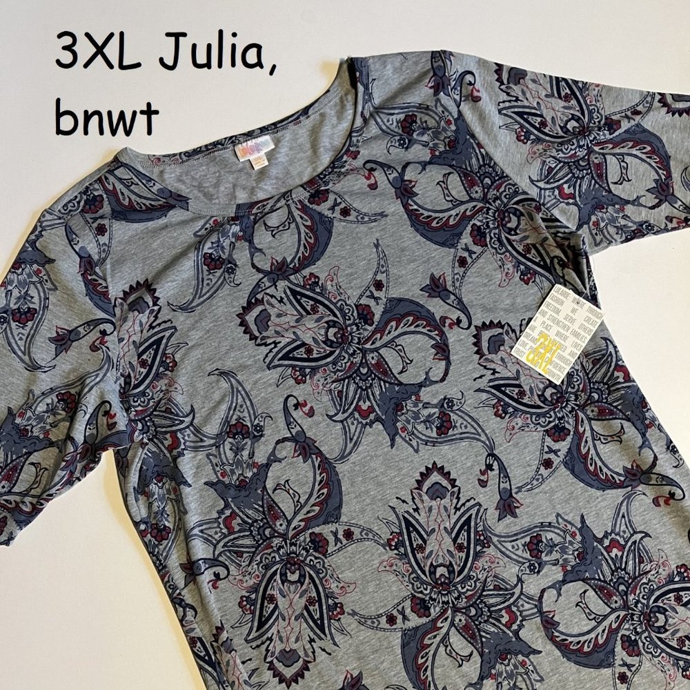 3XL Lularoe Julia sheath dress, grey with blue and red paisley flowers